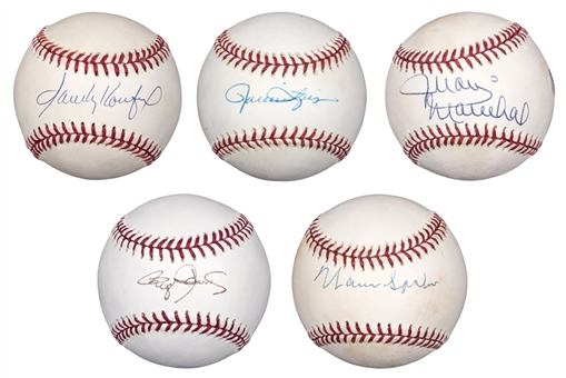 Lot of (5) Hall of Fame and Cy Young Winning Pitchers Single Signed Baseballs - Spahn, Koufax, Marichal, Clemens & Fingers (PSA/DNA, JSA & Beckett)